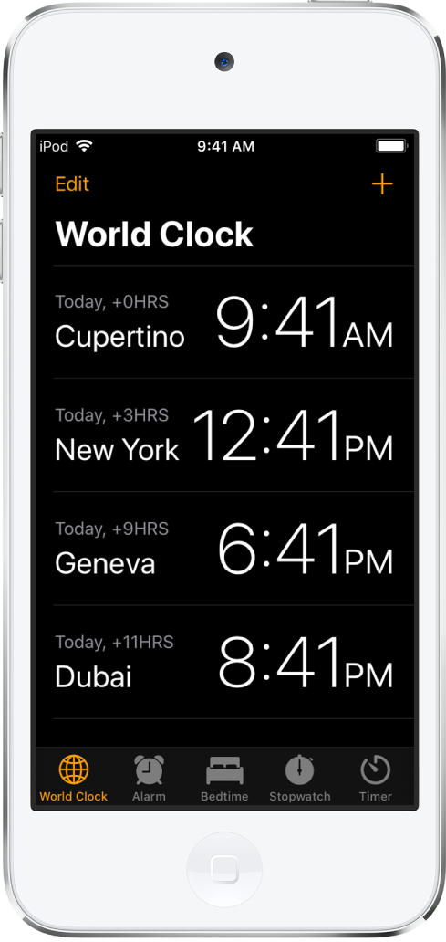 The World Clock tab, showing the time in various cities. Tap Edit in the upper left to arrange the clocks. Tap the Add button in the upper right to add more. Alarm, Bedtime, Stopwatch, and Timer buttons are along the bottom.