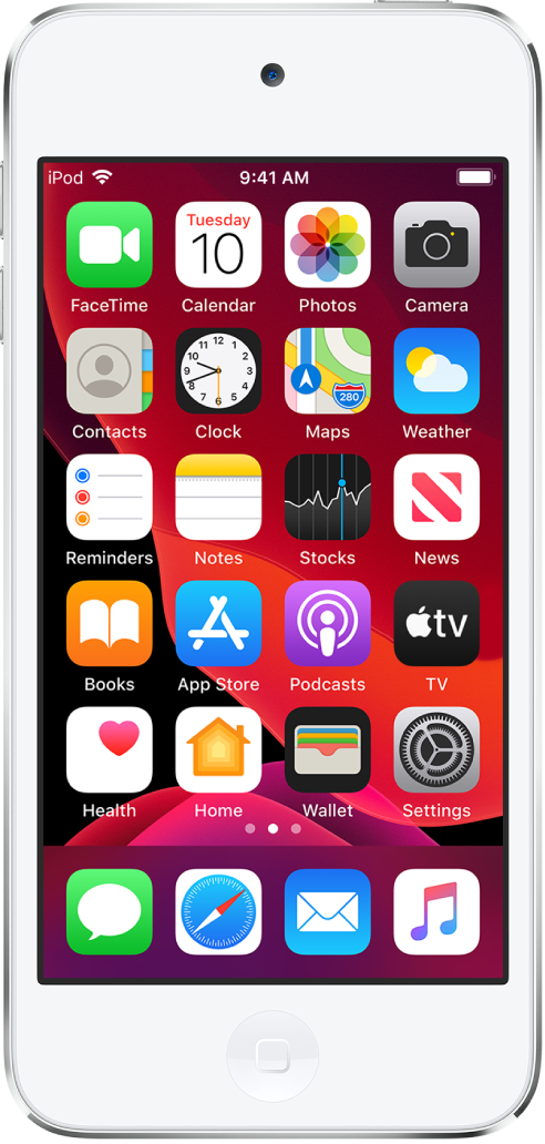 The iPod touch Home screen in Dark Mode.