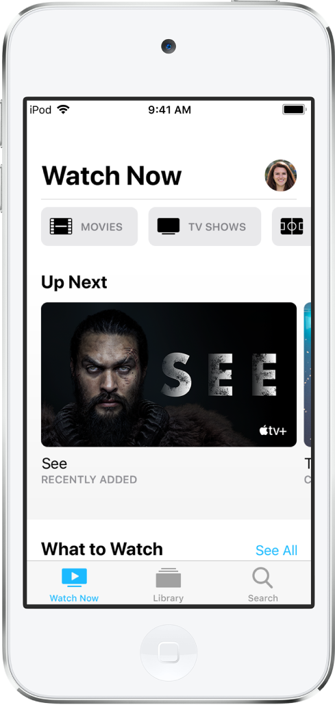 The Watch Now screen showing buttons for Movies, TV Shows, and Sports in the top row. The Up Next row is in the center. At the bottom, from left to right, are the Watch Now, Library, and Search tabs.