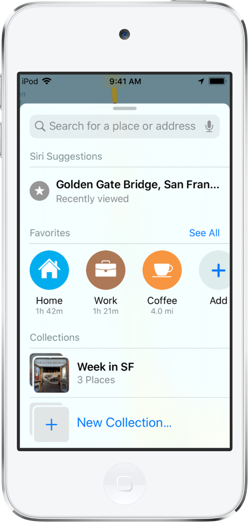 The search card fills the screen. The section for Collections appears below the search field and the Favorites row. In the Collections list is a collection named “Week in SF,” and an option for creating a new collection.