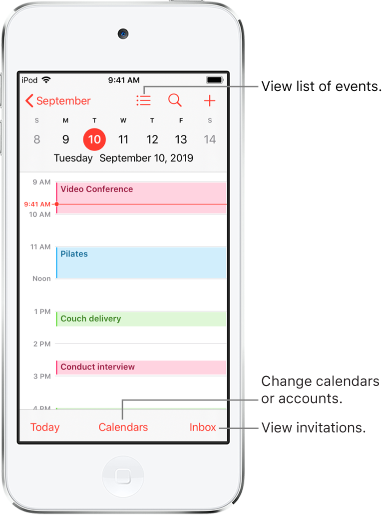 A calendar in day view showing the day’s events. Tap the Calendars button at the bottom of the screen to change calendar accounts. Tap the Inbox button at the bottom right to view invitations.