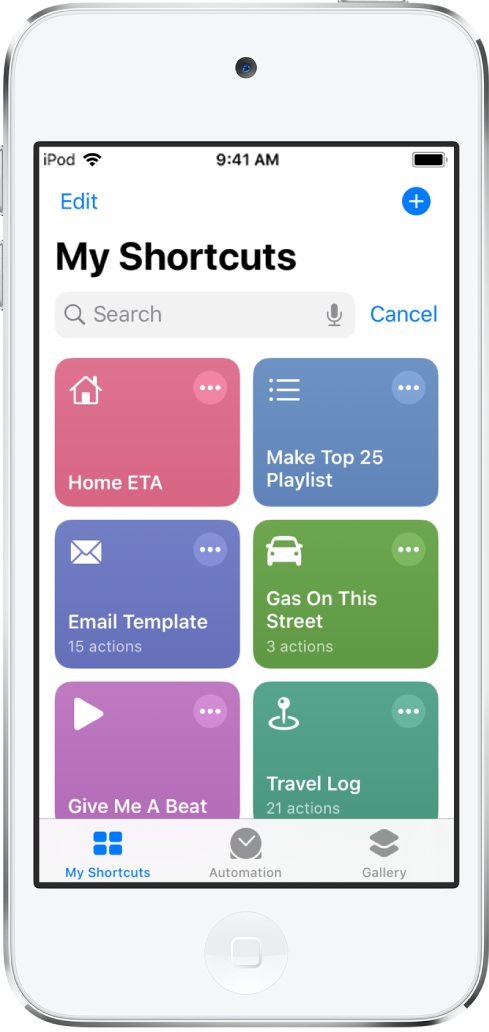 The My Shortcuts tab. At the top is a search field. Below that are shortcuts to complete common everyday tasks such as locating a nearby gas station and logging your travel. At the bottom are the Automation and Gallery tabs.