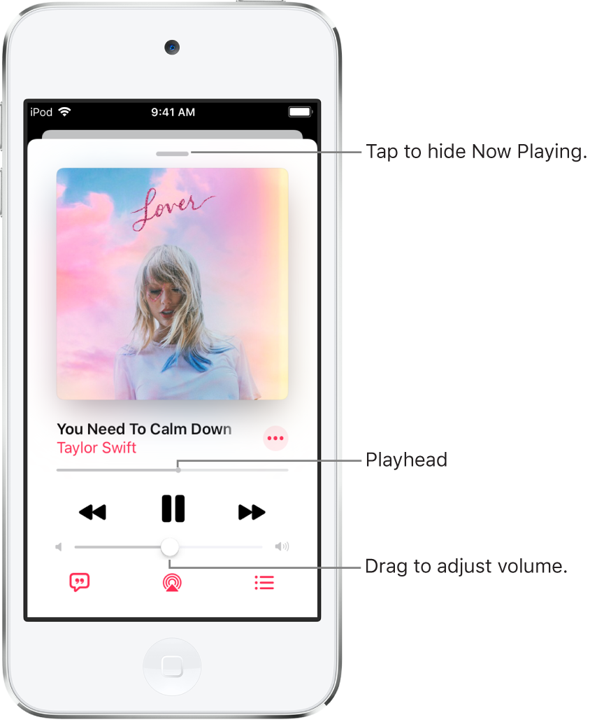 The Now Playing screen showing the album art. Below are the song title, artist name, More button, playhead, play controls, Volume slider, Lyrics button, Playback Destination button, and Playing Next button. The Hide Now Playing button is at the top.