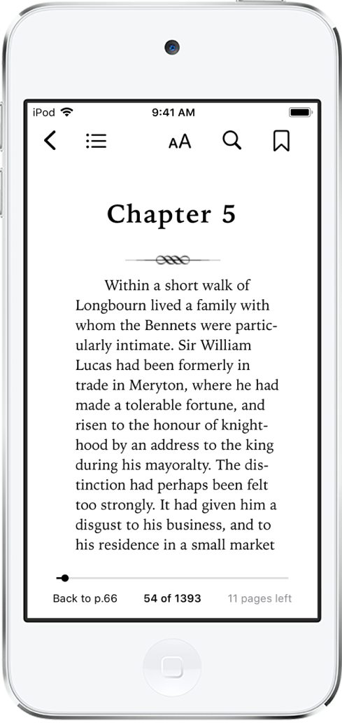 La página de un libro abierto en la app Libros con botones en la parte superior de la pantalla; de izquierda a derecha son para cerrar el libro, ver la tabla de contenidos, cambiar el texto, buscar y marcar. En la parte inferior de la pantalla hay un regulador.