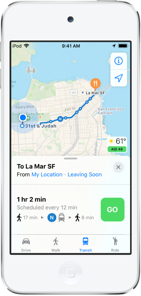 Un mapa mostrando una ruta de transporte público que cruza San Francisco. La tarjeta de la ruta en la parte inferior de la pantalla incluye el botón Ir.