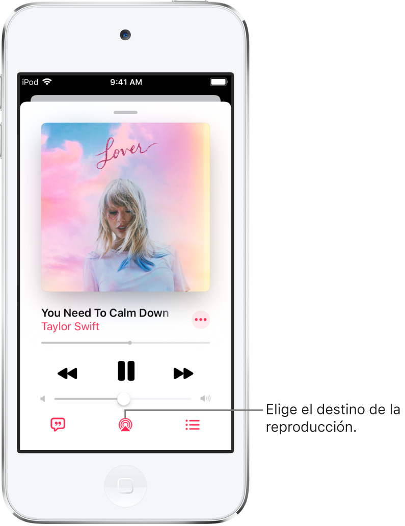 Los controles de reproducción en la pantalla “Ahora suena” de Música, incluyendo el botón “Destino de la reproducción” en la parte inferior de la pantalla.