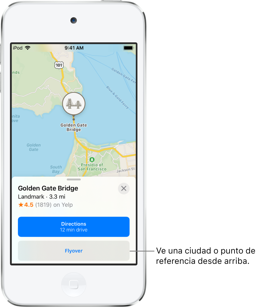 Una tarjeta de información del puente Golden Gate muestra el botón Flyover debajo del botón "Cómo llegar".