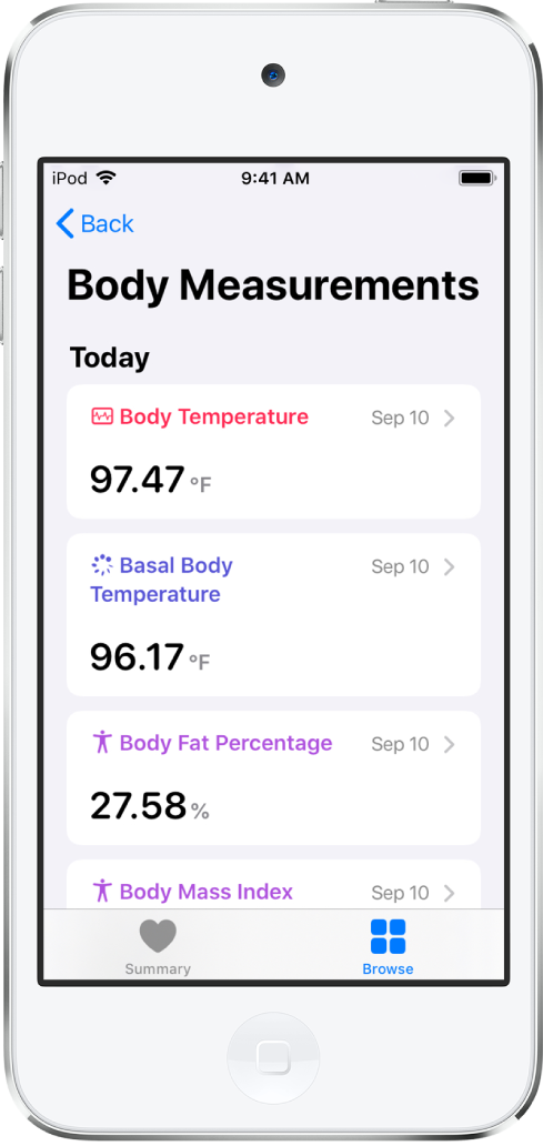 La pantalla de detalles de la categoría “Medidas corporales”.
