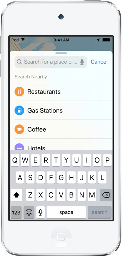 Una lista mostrando cuatro servicios aparece debajo del campo de búsqueda. Los servicios son Restaurantes, Gasolineras, Cafeterías y Hoteles.