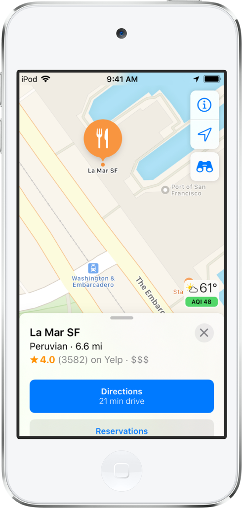 Un mapa mostrando la ubicación de un restaurante. La tarjeta de información en la parte inferior de la pantalla incluye botones para hacer reservaciones y obtener indicaciones.