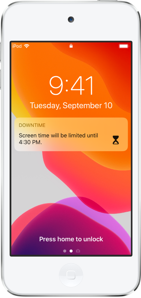 Pantalla bloqueada del iPod touch mostrando una notificación de “Tiempo desactivado” que indica que “Tiempo en pantalla” está limitado hasta las 4:30 p.m.