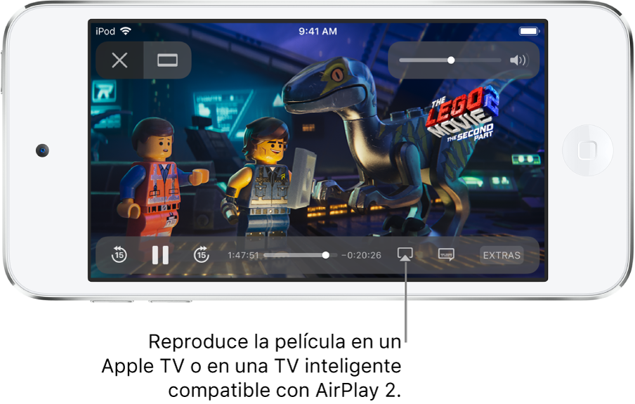 Una película reproduciéndose en la pantalla del iPod touch. En la parte inferior de la pantalla se encuentran los controles de reproducción, incluyendo el botón “Duplicar pantalla” cerca de la parte inferior derecha.