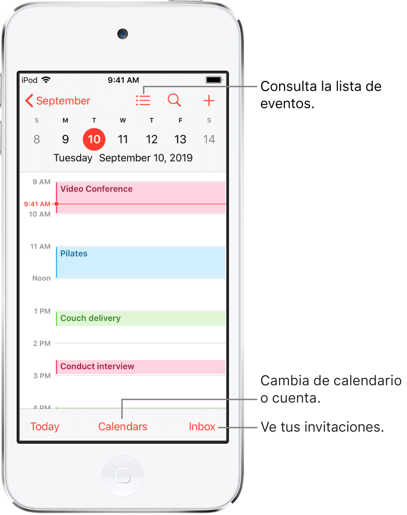 Un calendario en la vista por día mostrando los eventos del día. Toca el botón de calendarios ubicado en la parte inferior de la pantalla para cambiar de cuenta de calendario. Toca el botón Entrada ubicado en la parte inferior derecha para ver las invitaciones.