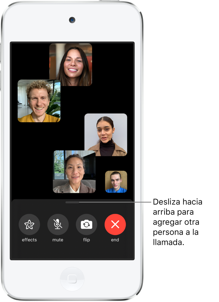 Una llamada grupal de FaceTime con cinco participantes, incluyendo al que inició la llamada. Cada participante aparece en un cuadro individual. En la parte inferior de la pantalla se muestran los controles Efectos, Silencio, Voltear y Finalizar.