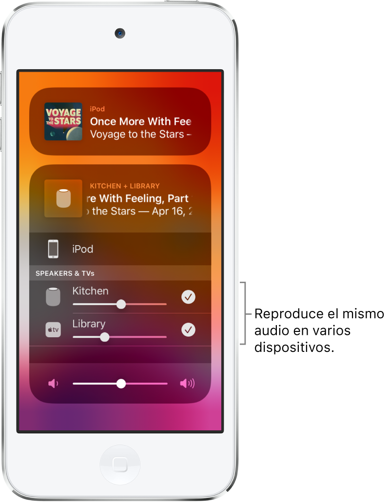 En la pantalla del iPod touch se ve el HomePod y el Apple TV seleccionados como destinos de audio.