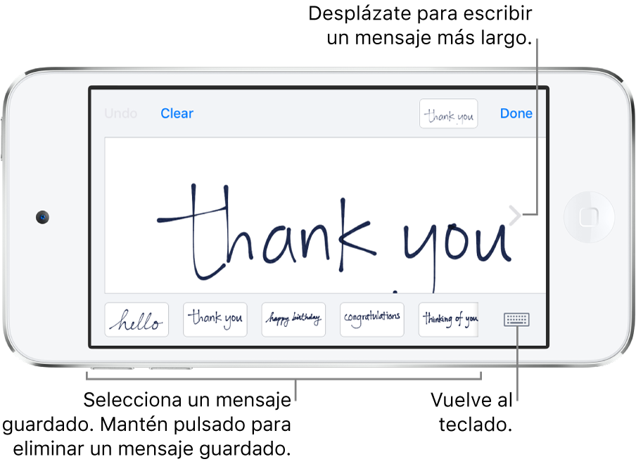 Pantalla para escribir a mano con un mensaje escrito a mano. En la parte inferior de la pantalla, de izquierda a derecha, se encuentran los mensajes guardados y el botón “Mostrar teclado”.
