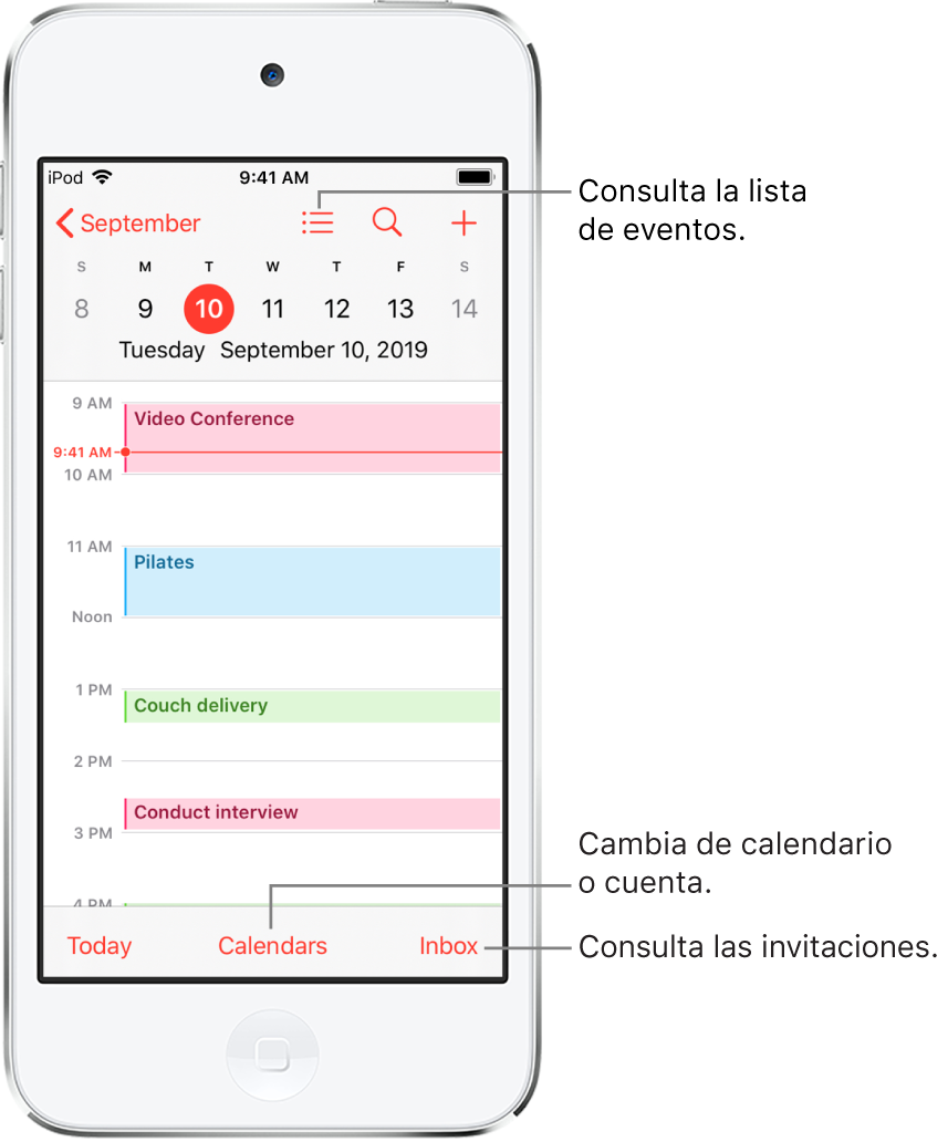 Calendario en la visualización diaria con los eventos del día. Pulsa el botón Calendarios de la parte inferior de la pantalla para cambiar las cuentas de calendarios. Pulsa el botón Entrada situado en la parte inferior derecha para ver las invitaciones.