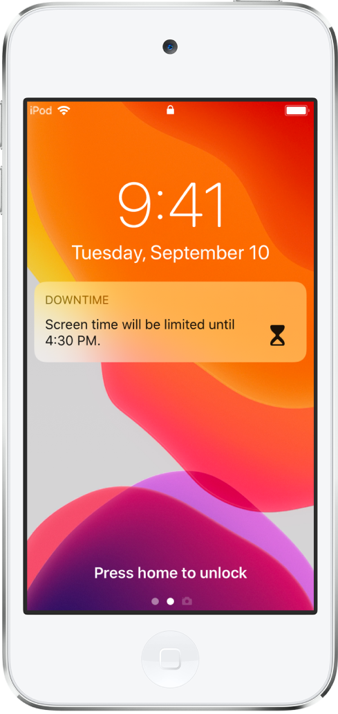 Pantalla bloqueada del iPod touch con una notificación de “Tiempo de inactividad”, que indica que el tiempo de uso está limitado hasta las 16:30 h.