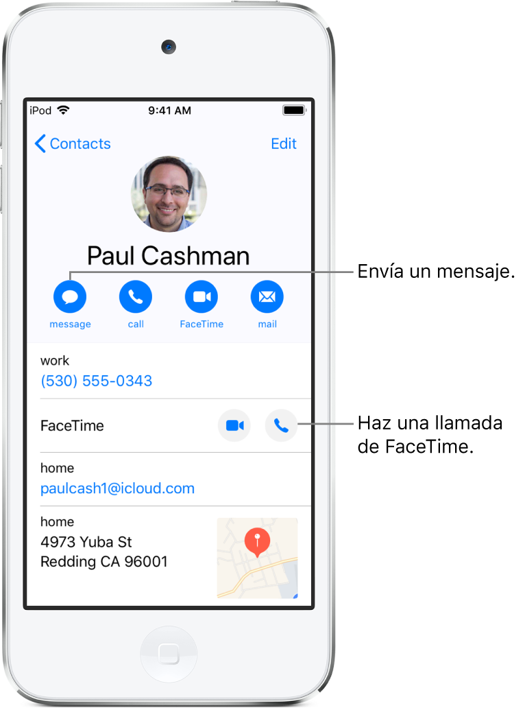 Pantalla de información de un contacto. En la parte superior, figuran el nombre y la foto del contacto. Debajo se encuentran los botones para enviar un mensaje, hacer una llamada de teléfono, hacer una llamada FaceTime y enviar un mensaje de correo electrónico. Debajo de los botones, está la información de contacto.