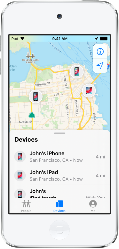 Hay tres dispositivos en la lista Dispositivos: iPhone de Juan, iPad de Juan y iPod touch de Juan. Sus ubicaciones se muestran en un mapa de San Francisco.