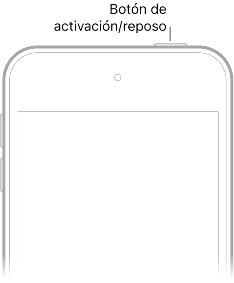 La parte frontal del iPod touch con el botón de activación/reposo en el borde superior derecho.