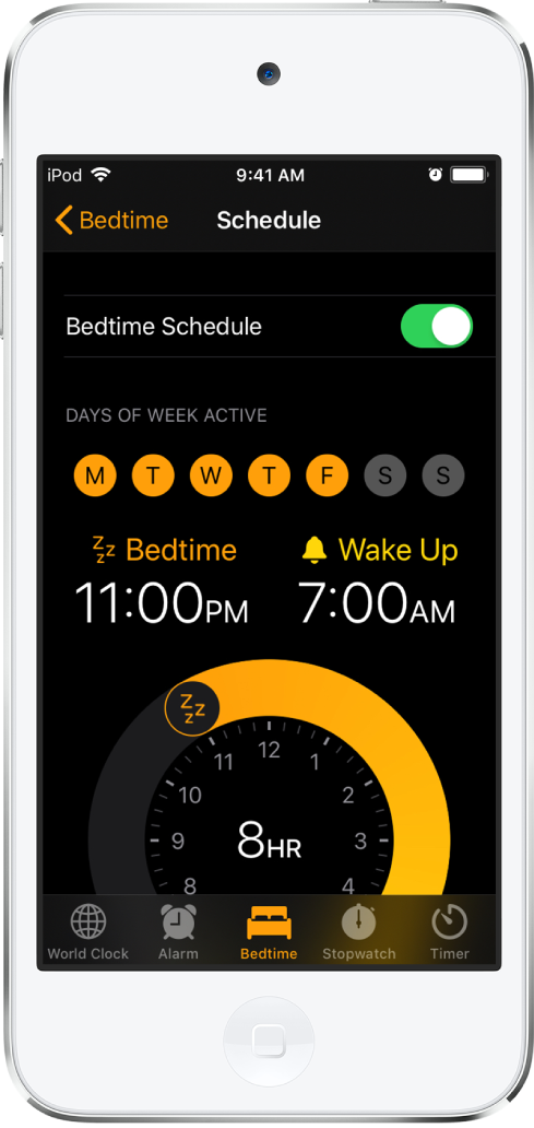Unikello-näyttö, jossa näkyy nukkumaanmenoaika kello 11 illalla ja herätysaika kello 7 aamulla.