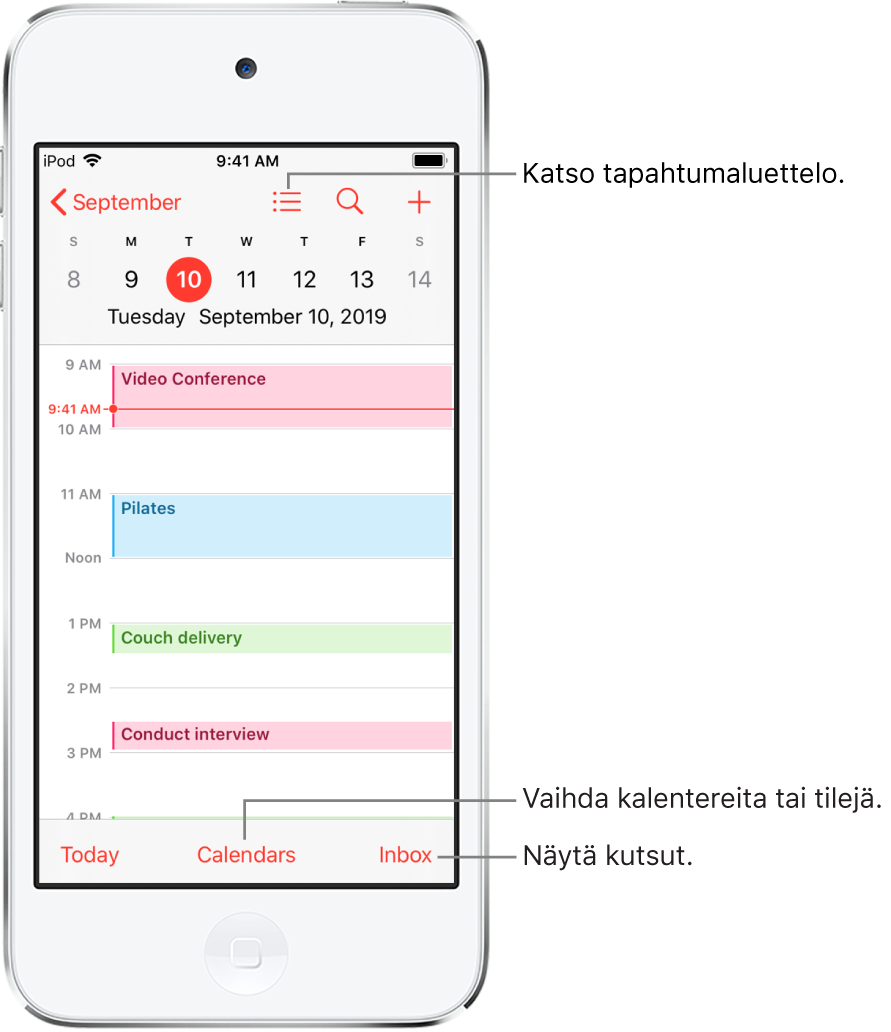 Kalenterinäkymä, jossa näkyvät päivän tapahtumat. Jos haluat muuttaa kalenteritilejä, napauta alareunassa olevaa Kalenterit-painiketta. Voit näyttää kutsut napauttamalla oikeassa alakulmassa olevaa Saapuneet-painiketta.