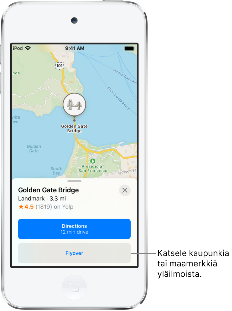 Golden Gate -sillan tietokortissa näkyy Flyover-painike Reittiohjeet-painikkeen alapuolella.