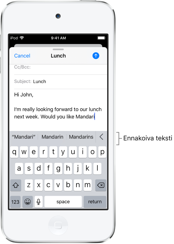 Mail-sähköpostiviesti, jossa näkyy uuden viestin muutama ensimmäinen sana sekä ehdotuksia seuraavan sanan täydentämiseen.