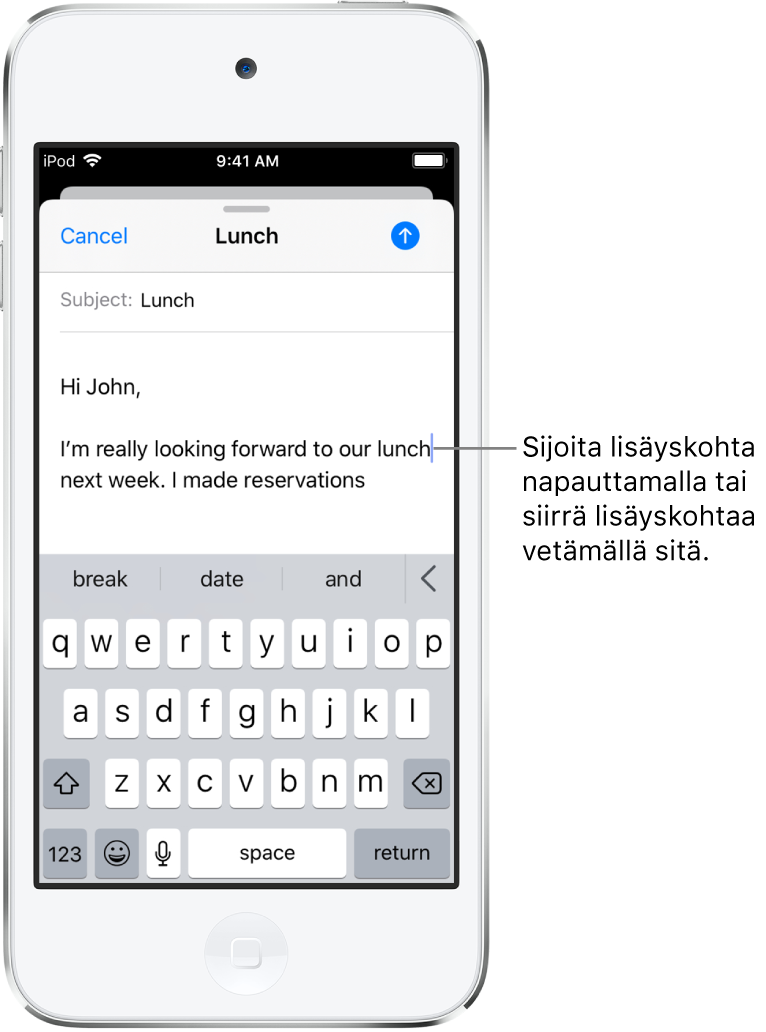 Sähköpostiluonnos, jossa lisäyskohta on sijoitettu kohtaan, johon tekstiä lisätään.