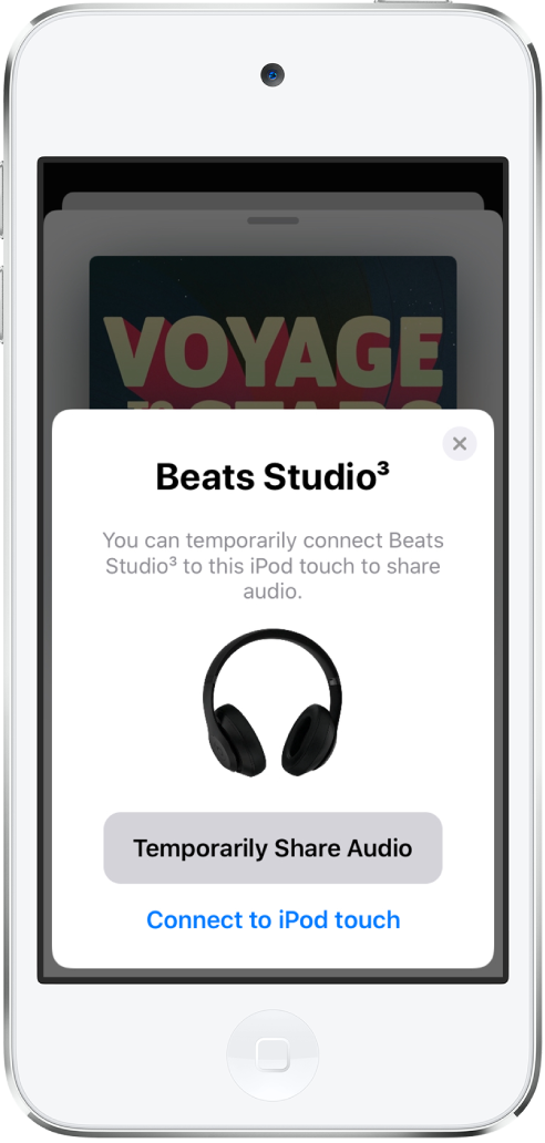 iPod touchin näyttö, jossa on kuva Beats-kuulokkeista. Näytön alareunassa on painike väliaikaista äänen jakamista varten.