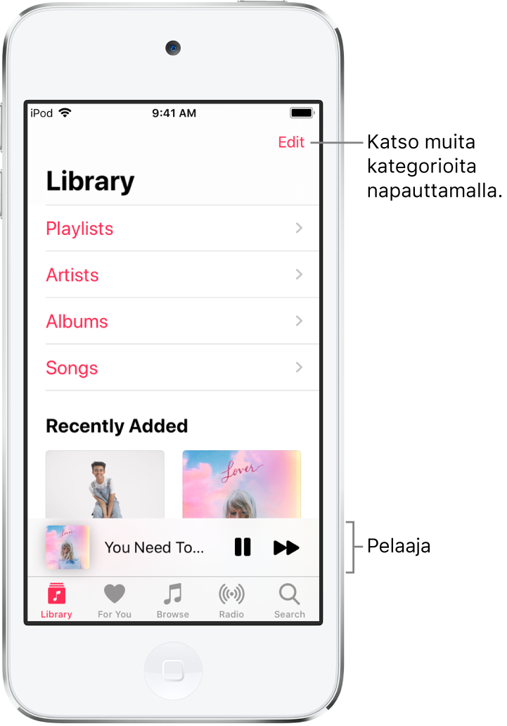 Kirjasto-näyttö, jossa näkyvä kategorialuettelo sisältää kategoriat Soittolistat, Artistit, Albumit ja Kappaleet. Äskettäin lisätyt ‑otsikko näkyy luettelon alapuolella. Soitin, jossa näkyvät nykyisen kappaleen nimi sekä Tauko- ja Seuraava-painikkeet alareunan lähellä.