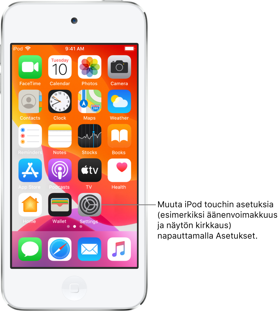iPod touchin Koti-valikko, jossa näkyy useita kuvakkeita, muun muassa Asetukset-kuvake, jota napauttamalla voit muuttaa esimerkiksi iPod touchin äänenvoimakkuutta ja näytön kirkkautta.