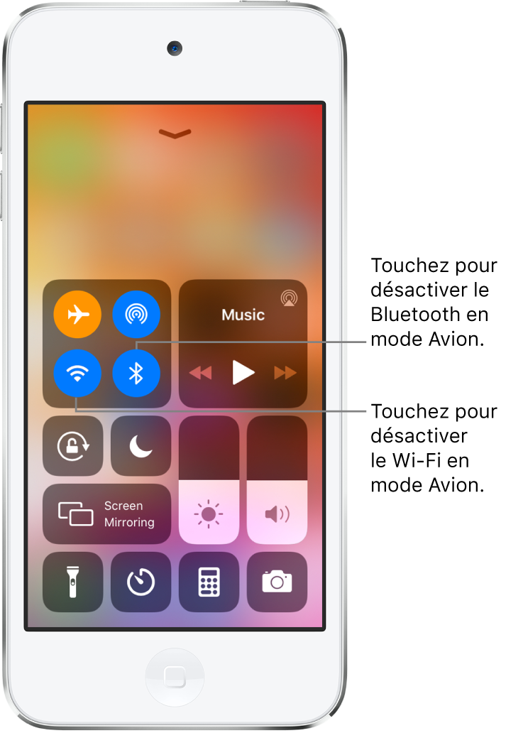 Le Centre de contrôle avec le mode Avion activé et des légendes expliquant que toucher le bouton en bas à gauche dans le groupe de commandes situé en haut à gauche désactive le Wi-Fi, et que toucher le bouton en bas à droite au sein de ce groupe désactive le Bluetooth.