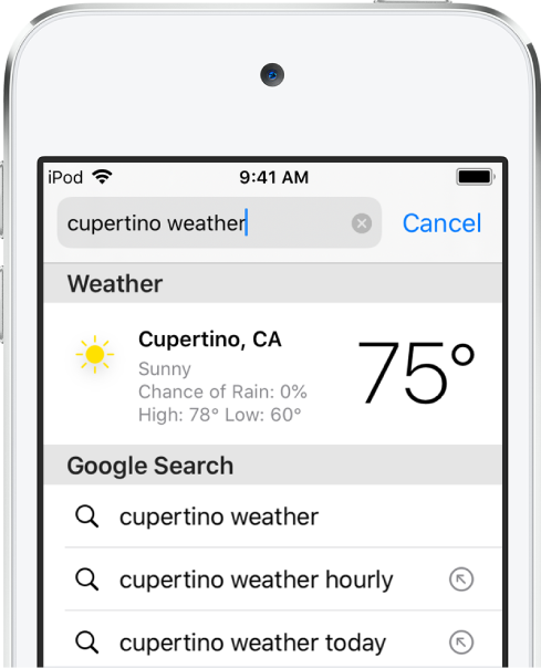 En haut de l’écran se trouve le champ de recherche de Safari, qui contient le texte « météo cupertino ». Sous le champ de recherche, un résultat de l’app Météo présentant la météo et la température actuelles à Cupertino est affiché. En dessous, se trouvent des résultats Recherche Google, notamment « météo cupertino », « météo cupertino heure par heure » et « météo cupertino aujourd’hui ». À droite de chaque résultat apparaît une flèche permettant d’accéder à la page en question.