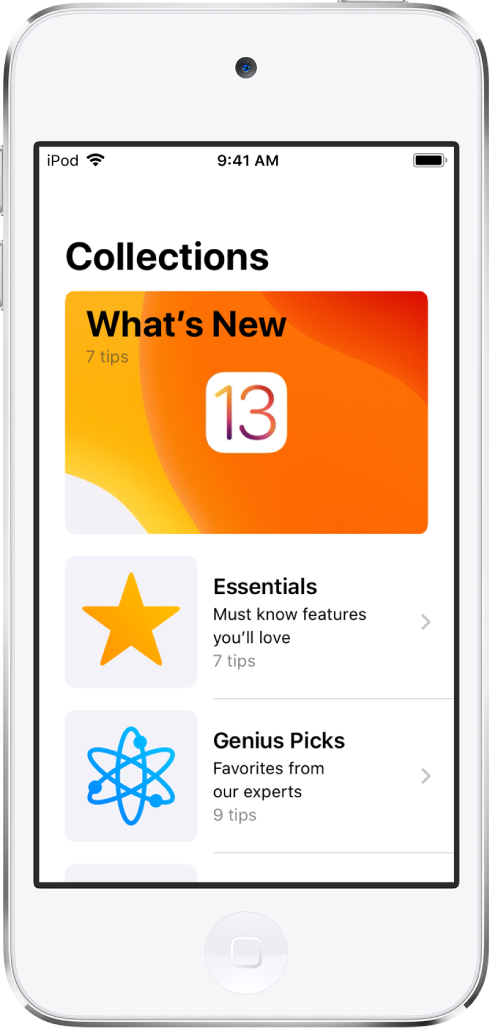 Un écran montrant des collections d’astuces avec des flèches vers la droite indiquant que vous pouvez toucher une collection pour afficher les astuces qu’elle contient.