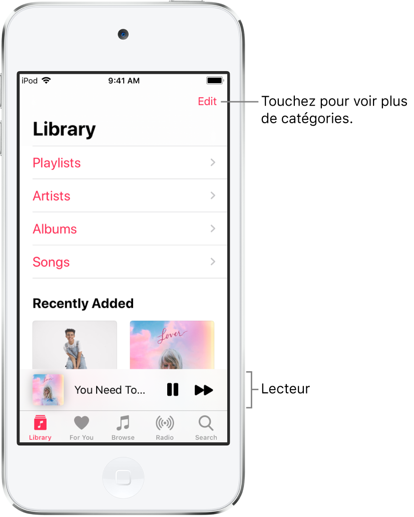 L’écran Bibliothèque avec une liste de catégories contenant Playlists, Artistes, Albums et Morceaux. Le titre Ajouts récents apparaît sous la liste. Le lecteur affichant le titre du morceau en cours d’écoute et les boutons Pause et Suivant qui apparaissent vers le bas de l’écran.