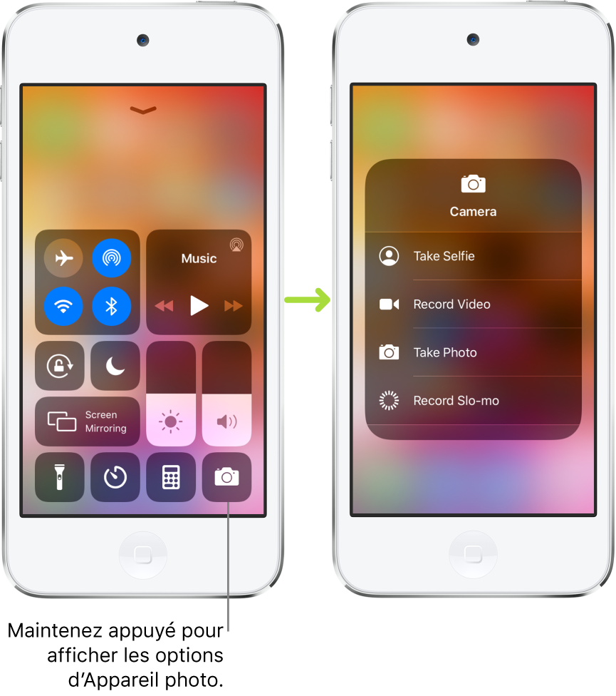 Deux écrans Centre de contrôle côte à côte : celui de gauche affiche les commandes pour le mode Avion, les données cellulaires, le Wi-Fi et le Bluetooth dans le groupe situé en haut à gauche, avec une légende invitant l’utilisateur à maintenir un doigt sur l’icône « Appareil photo » en bas à droite pour afficher les options associées. L’écran sur la droite montre les options supplémentaires pour « Appareil photo » : « Prendre un selfie », « Enregistrer une vidéo », « Prendre une photo » et « Enregistrer un ralenti ».