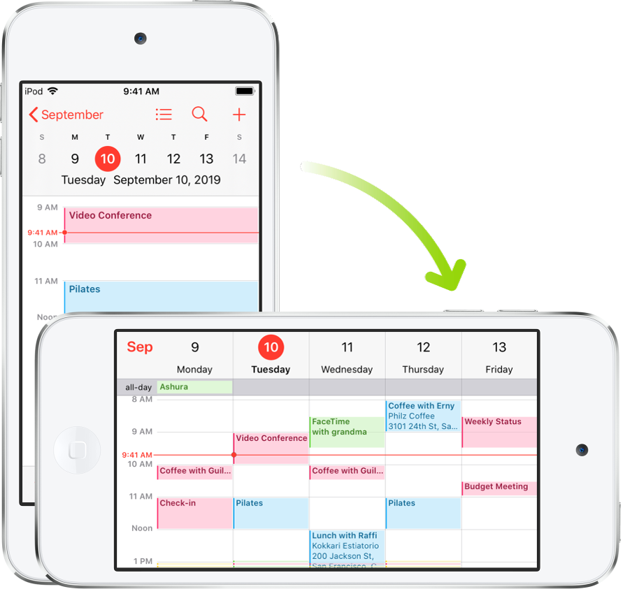 En arrière-plan, l’iPod touch affiche un écran Calendrier, avec les événements d’une journée donnée en orientation Portrait. Au premier plan, l’iPod touch pivote en orientation Paysage, ce qui permet de consulter les événements de la semaine comprenant la journée précédemment affichée.