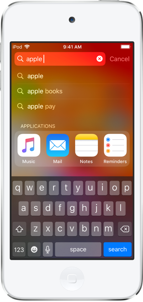 Un écran affichant une recherche sur l’iPod touch. En haut de l’écran se trouve le champ de recherche avec le mot « apple ». Des résultats de recherche trouvés pour le texte cible apparaissent en dessous.