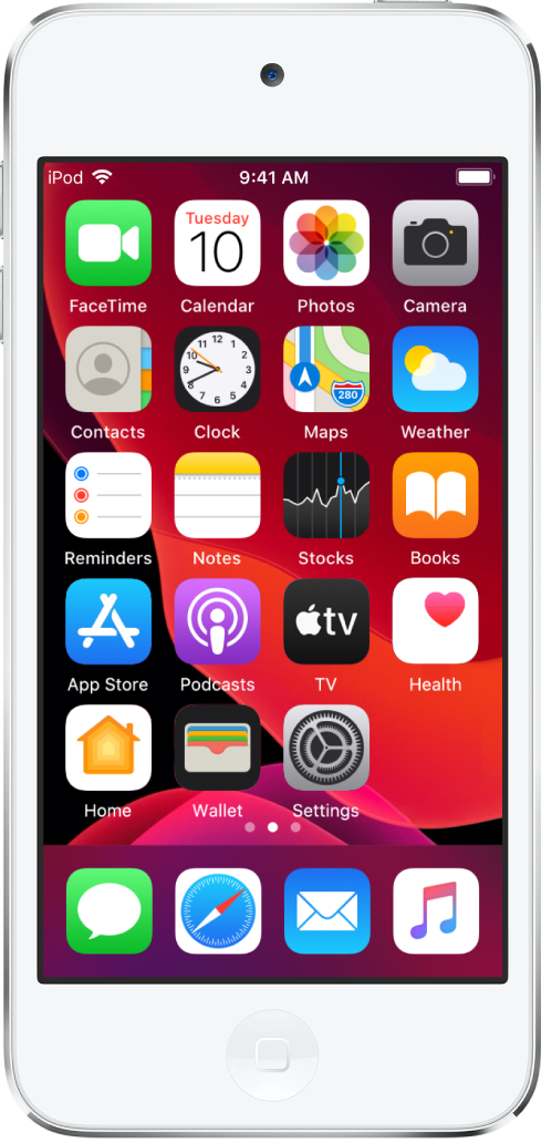 Écran d’accueil de l’iPod touch avec le mode sombre activé.