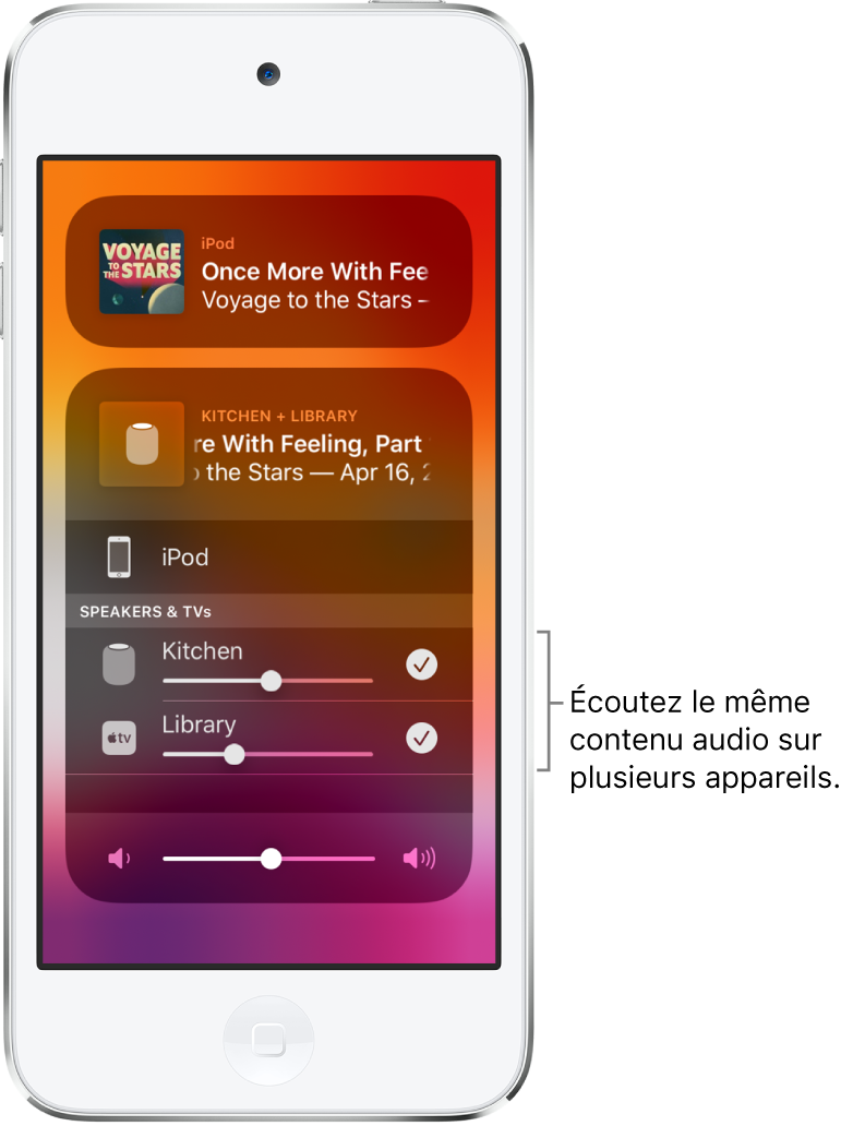 L’écran de l’iPod touch affichant le HomePod et l’Apple TV comme destinations audio sélectionnées.