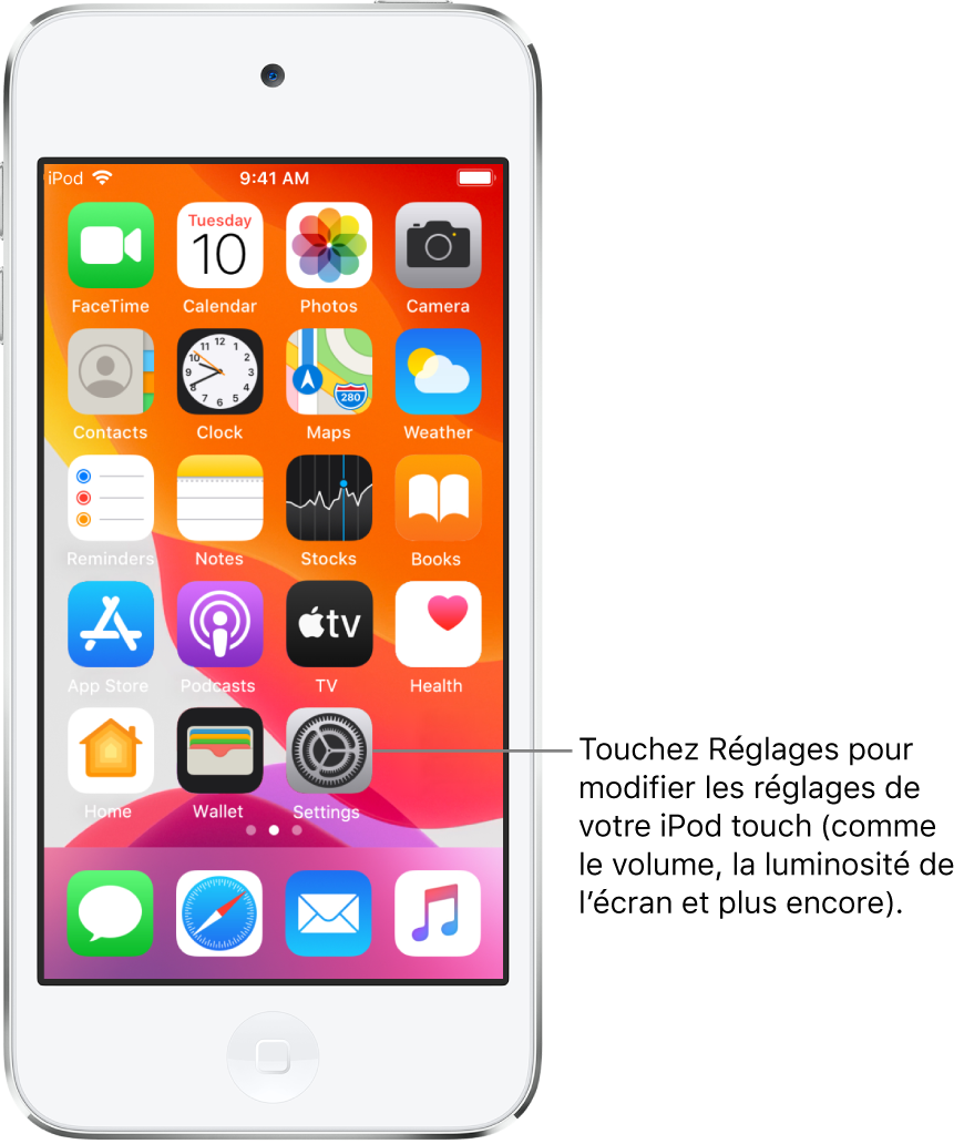 L’écran d’accueil avec plusieurs icônes, notamment l’icône Réglages, que vous pouvez toucher pour modifier le volume, la luminosité de l’écran et d’autres réglages de votre iPod touch.