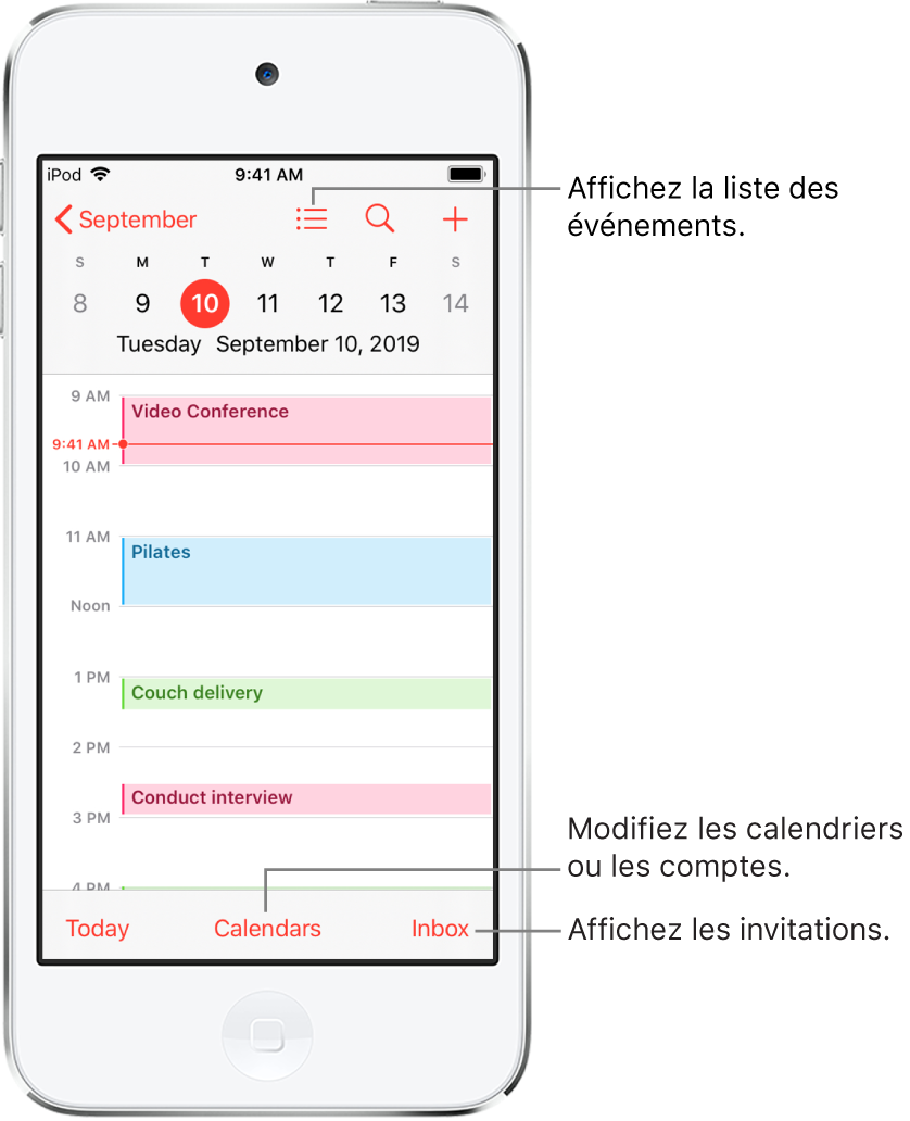 Un calendrier en présentation par jour montrant les événements du jour. Touchez le bouton Calendriers en bas de l’écran pour changer de compte de calendrier. Touchez le bouton Notifications en bas à droite pour afficher les invitations.