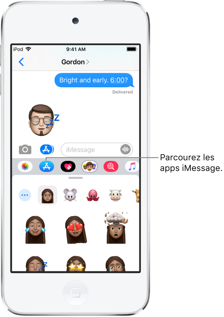 Une conversation Messages, avec le bouton Navigateur d’apps iMessage sélectionné. Le tiroir d’apps ouvert affiche des autocollants d’émoticônes.