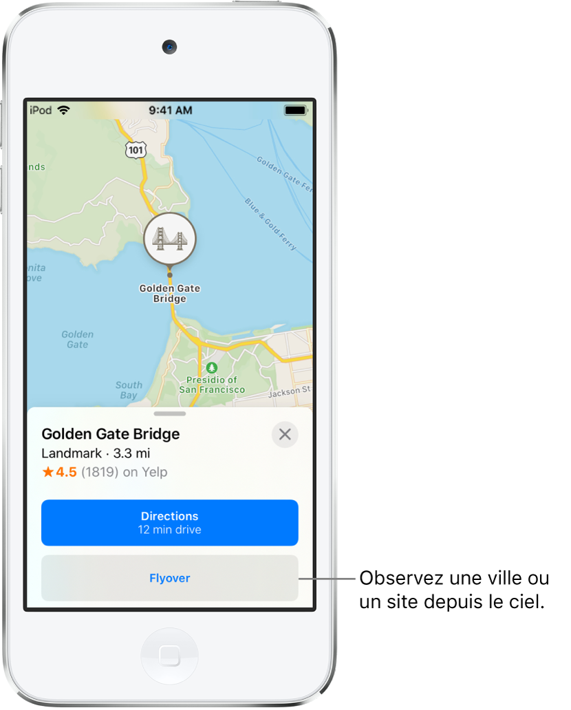 Une fiche d’informations sur le pont du Golden Gate affiche un bouton Flyover en dessous d’un bouton Itinéraire.
