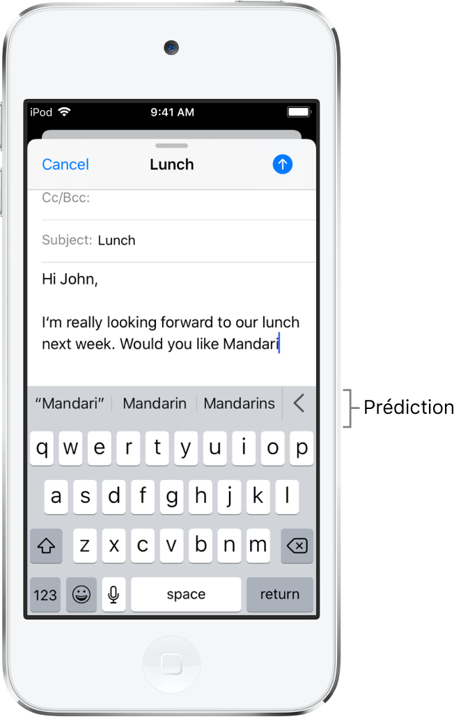 Un message Mail montrant les premiers mots d’un nouveau message, avec des suggestions pour compléter le mot suivant.