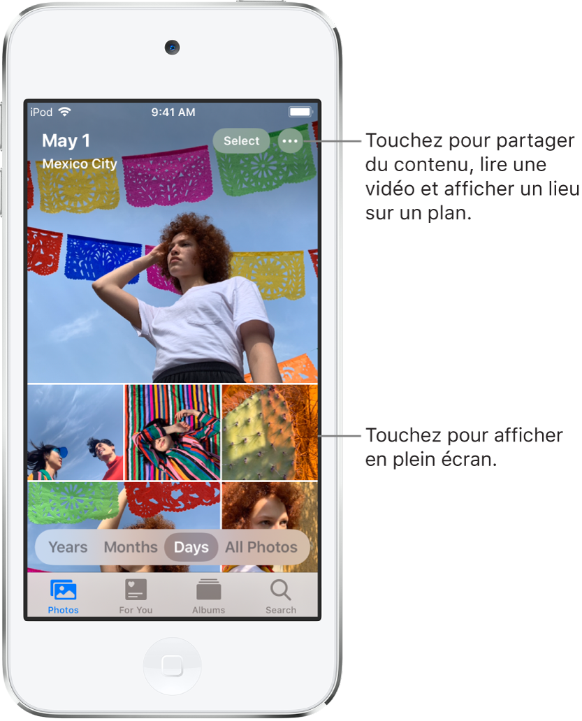 La présentation Jours de la photothèque est affichée. Une sélection de vignettes de photos remplit l’écran. En haut à gauche de l’écran se trouvent la date et l’emplacement des photos prises. En haut à droite se trouvent les boutons Sélectionner et « Plus d’options ». Sous les vignettes se trouvent des options de présentation de la photothèque : Années, Mois, Jours et « Toutes les photos ». En bas se trouvent les onglets Photos, « Pour vous », Albums et Rechercher.