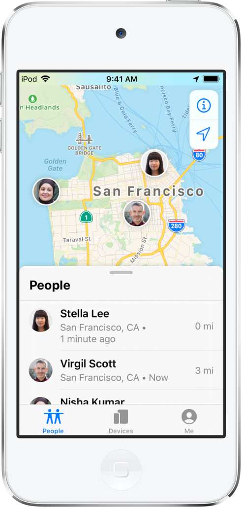 Il y a trois amis dans la liste Personnes : Virgil Scott, Stella Lee et Nisha Kumar. Leur position est affichée sur un plan de San Francisco.