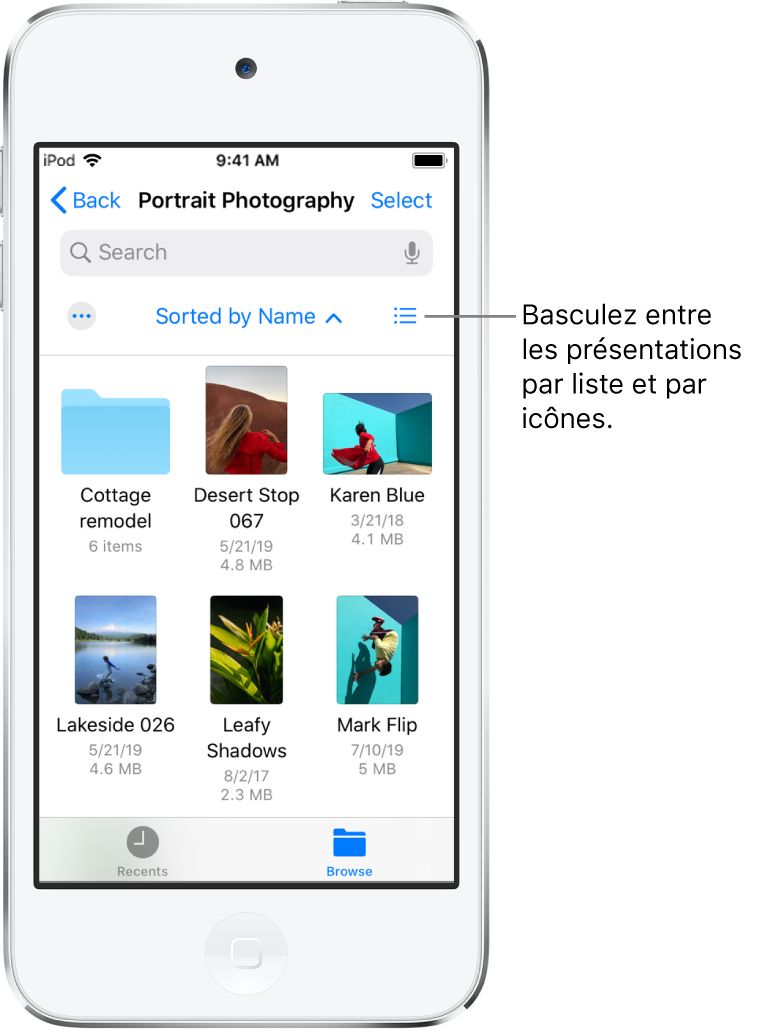 Un emplacement iCloud Drive pour les fichiers de Photographie. Les éléments sont triés par nom et se composent d’un dossier nommé « Rénovation maison de campagne » et de six documents : Halte dans le désert, Karen en bleu, Bord du lac, Ombres de feuilles, Mark à l’envers et Susan en vert. Un bouton pour basculer entre les présentations par liste et par icônes s’affiche près du coin supérieur droit.